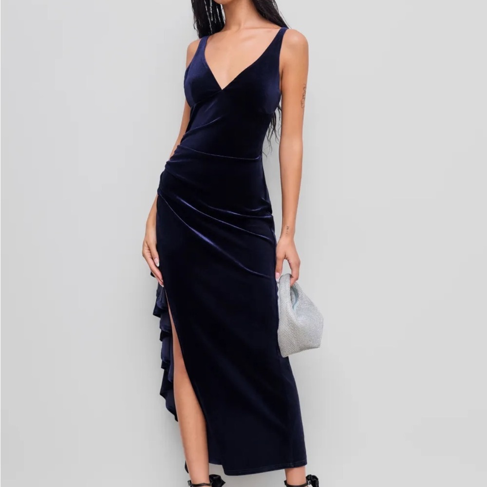 VELVET NAVY INDIGO V-NECK SPLIT RUFFLE HEM MAXI SLEEVELESS V NECK DRESS - Picture 2 of 8